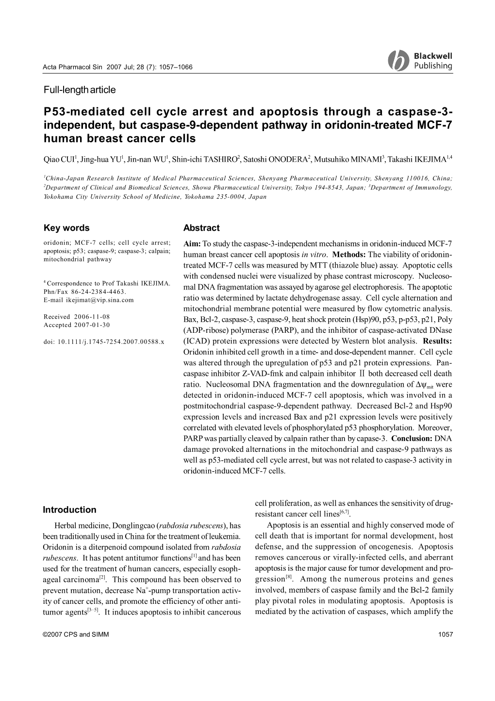 P53-Mediated Cell Cycle Arrest and Apoptosis Through a Caspase-3- Independent, but Caspase-9-Dependent Pathway in Oridonin-Treated MCF-7 Human Breast Cancer Cells