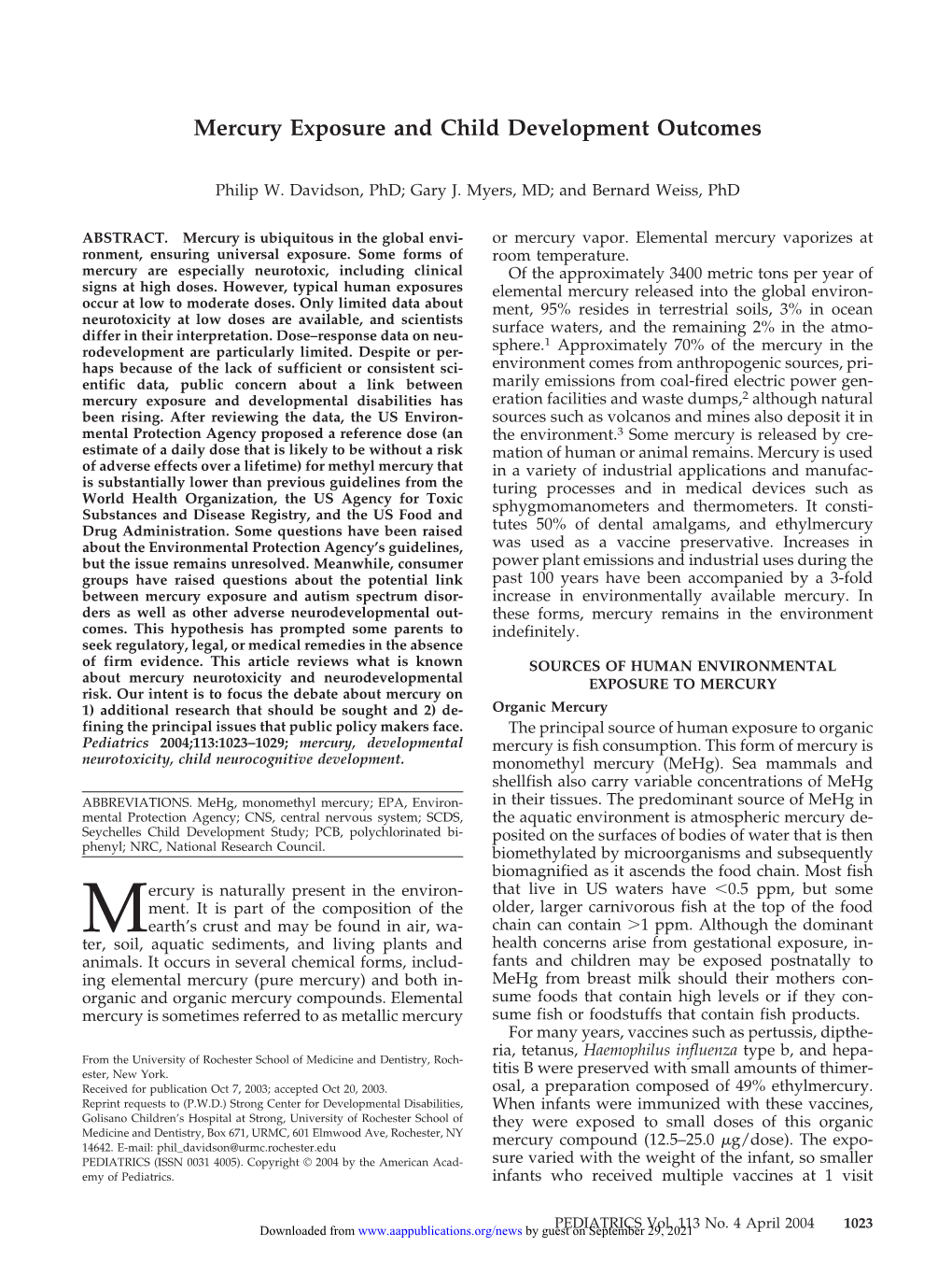 Mercury Exposure and Child Development Outcomes