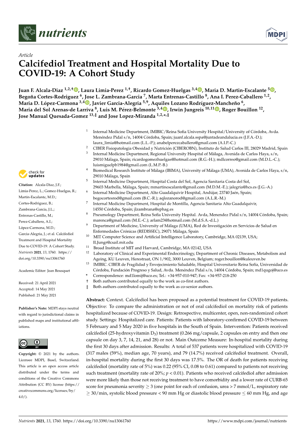 Calcifediol Treatment and Hospital Mortality Due to COVID-19: a Cohort Study