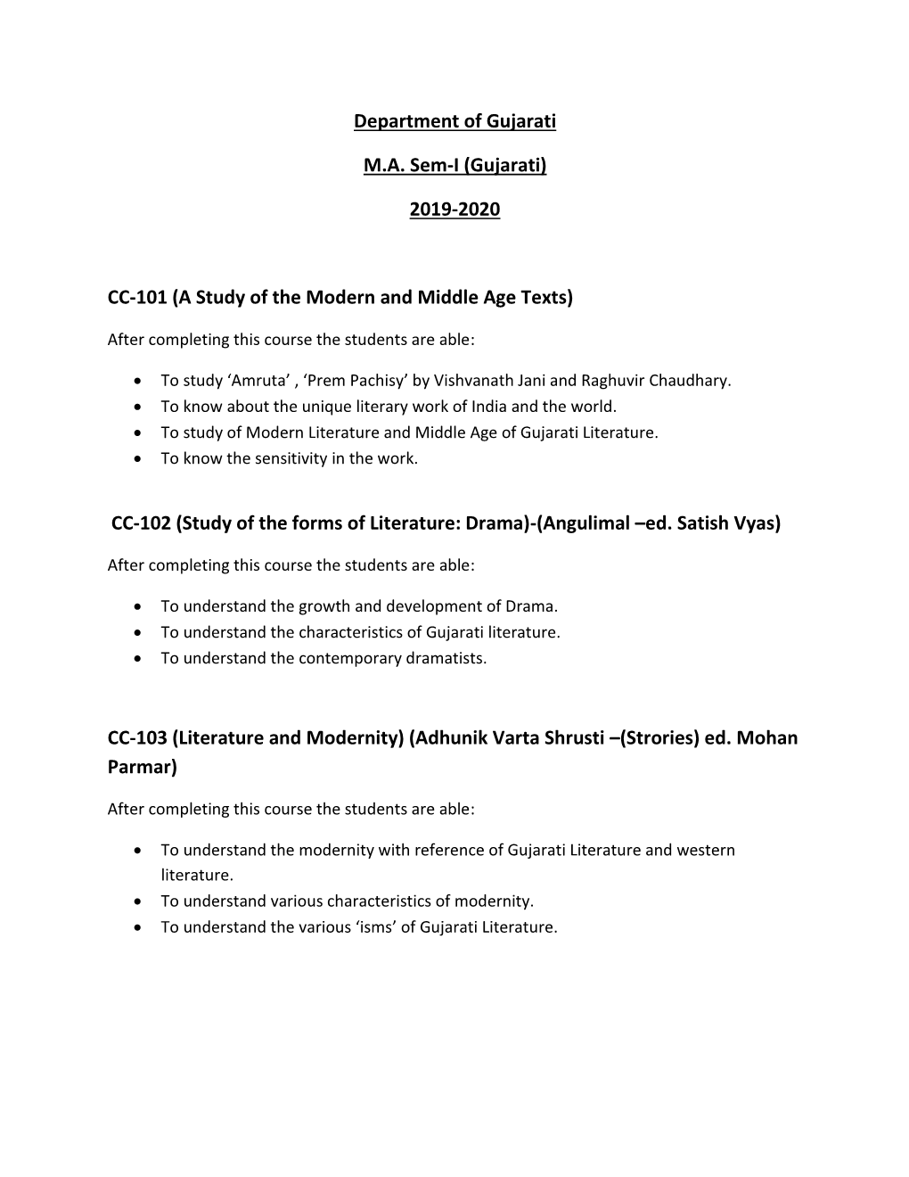 Department of Gujarati M.A. Sem-I (Gujarati) 2019-2020 CC-101 (A