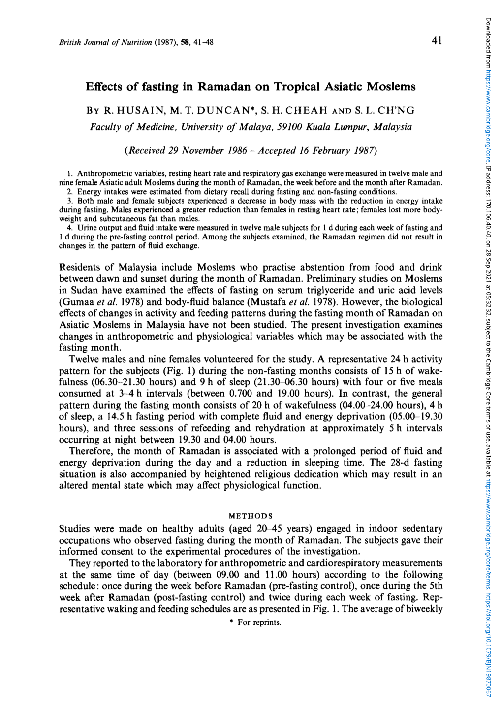 Effects of Fasting in Ramadan on Tropical Asiatic Moslems