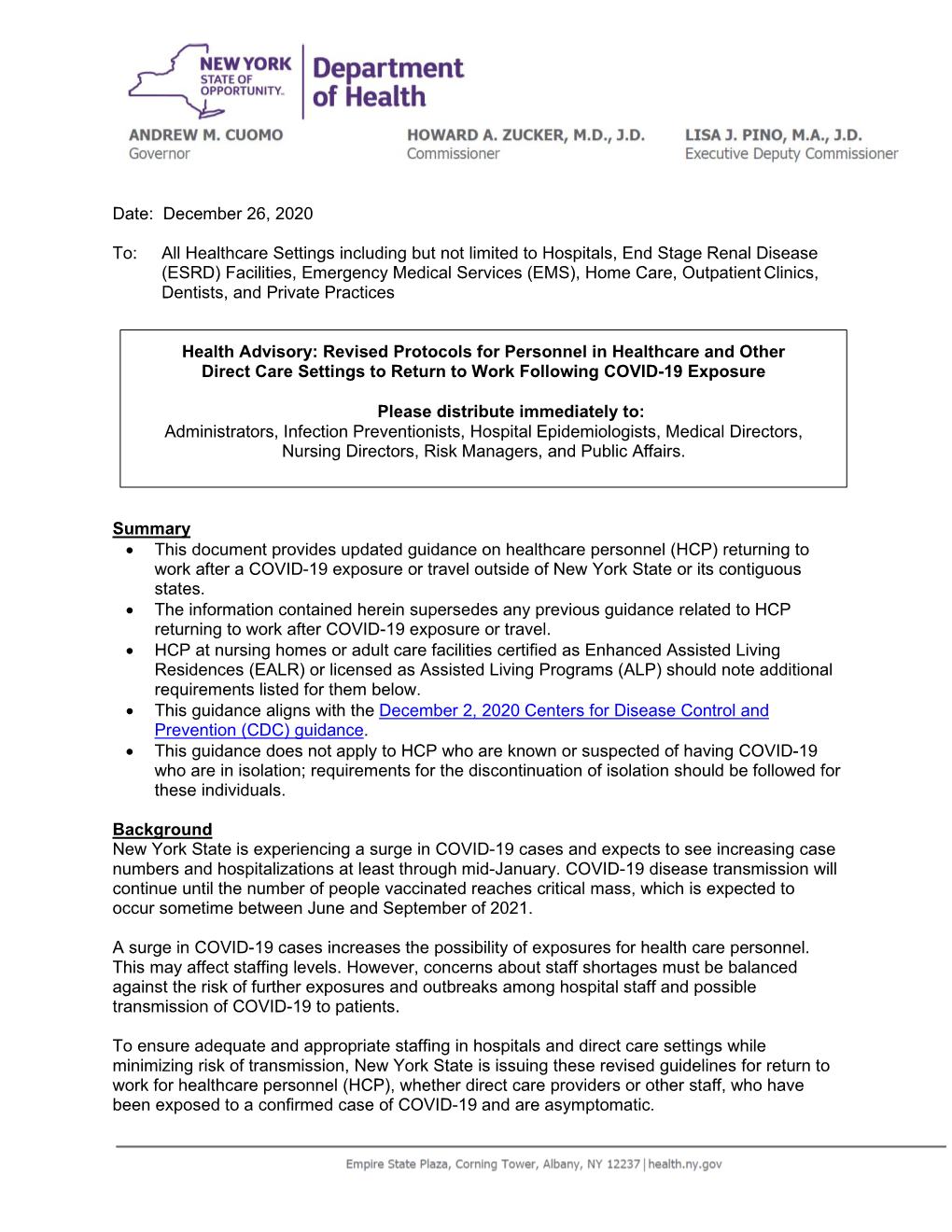 NYSDOH – Quarantine Guidance