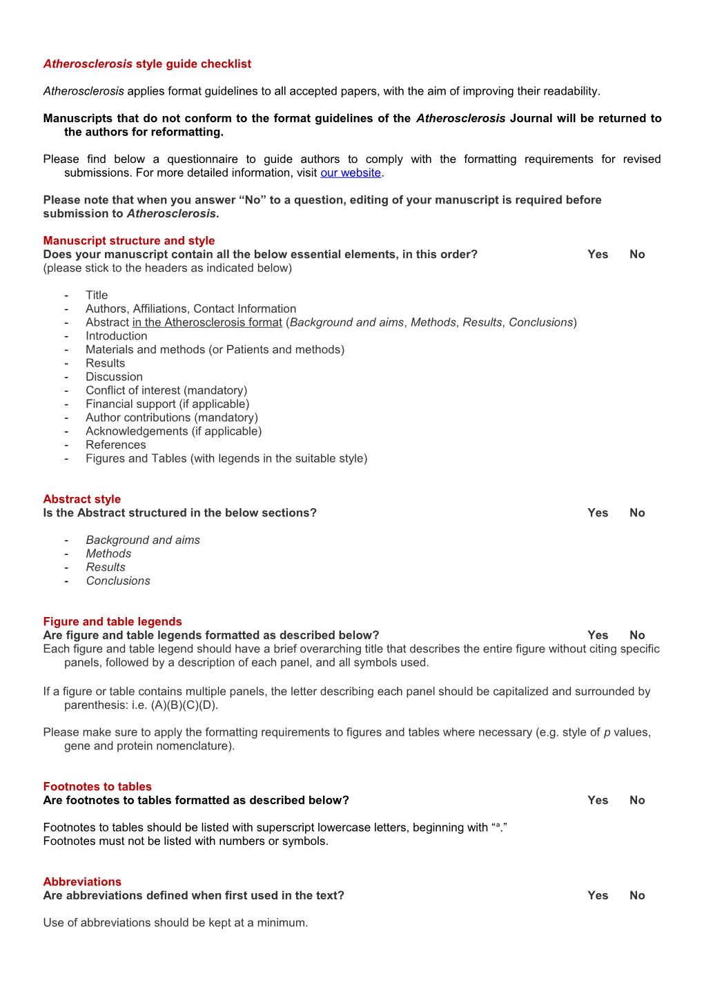 Atherosclerosis Style Guide Checklist