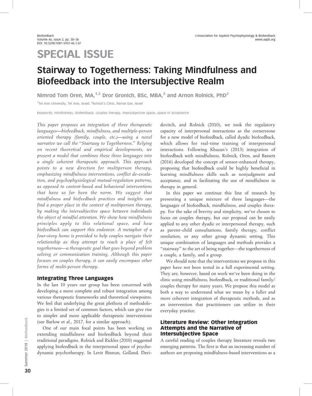 SPECIAL ISSUE Stairway to Togetherness: Taking Mindfulness and Biofeedback Into the Intersubjective Realm