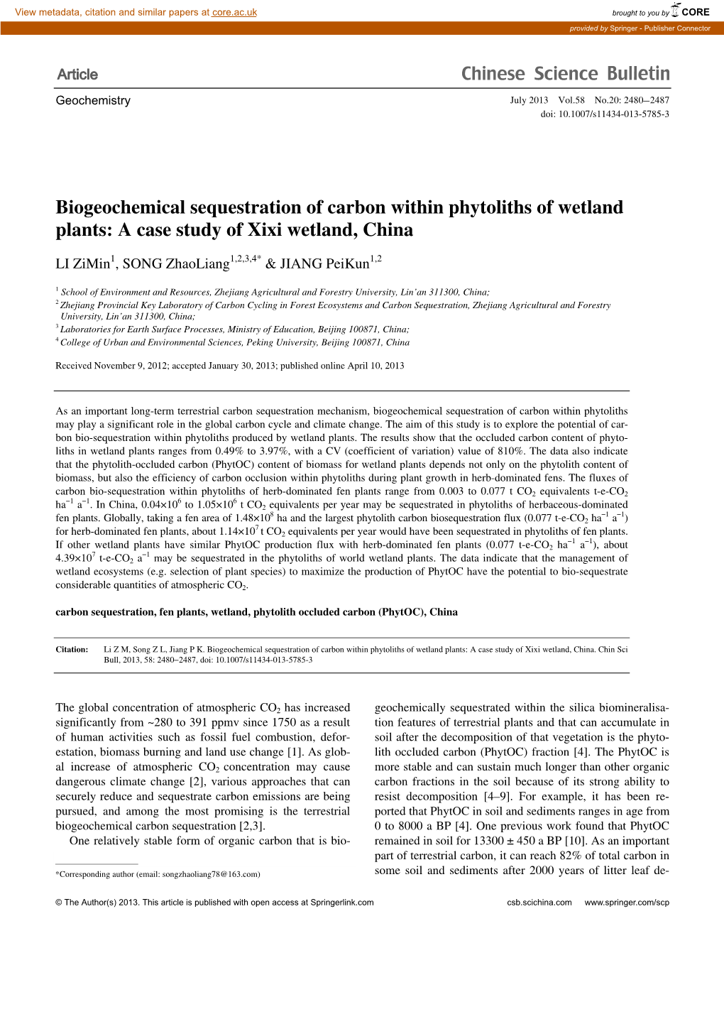 Biogeochemical Sequestration of Carbon Within Phytoliths of Wetland Plants: a Case Study of Xixi Wetland, China