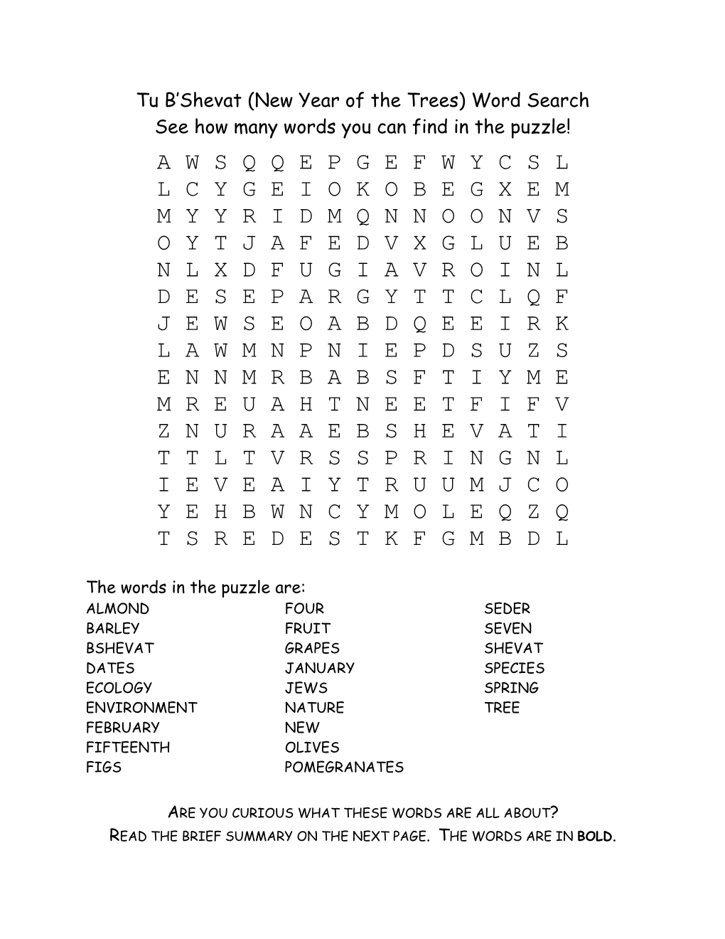 Tu B'shevat Wordsearch