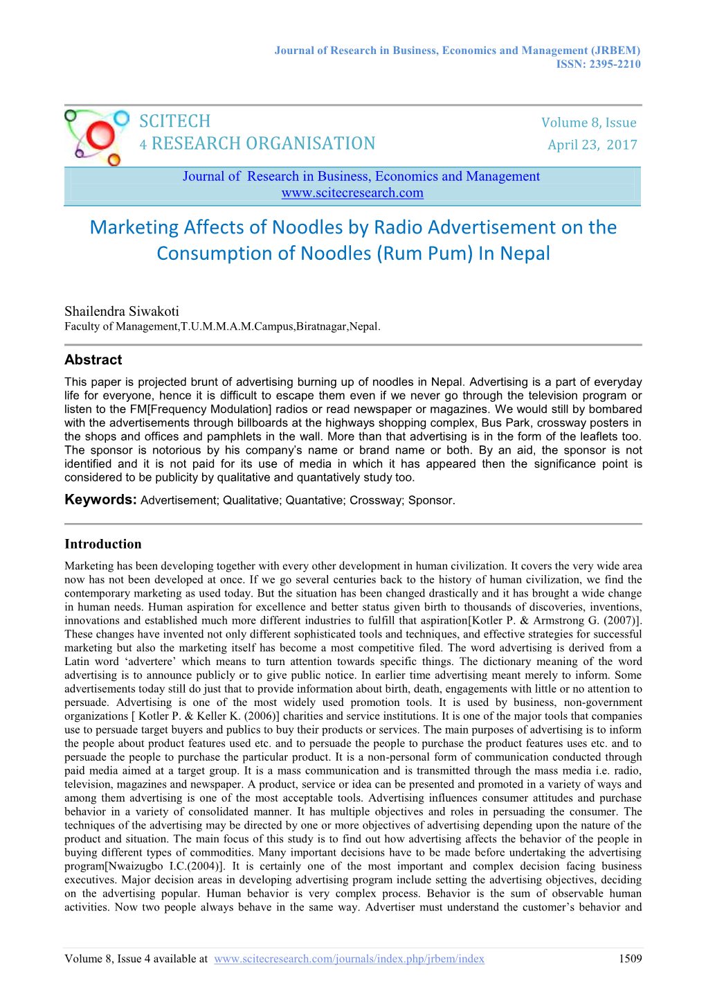 Marketing Affects of Noodles by Radio Advertisement on the Consumption of Noodles (Rum Pum) in Nepal