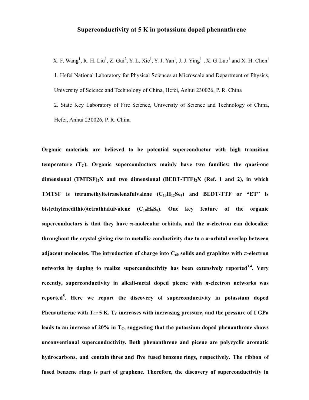 Superconductivity at 5 K in Potassium Doped Phenanthrene