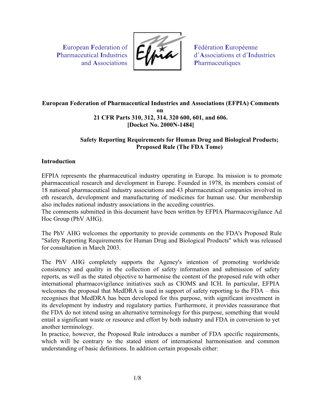 European Federation of Pharmaceutical Industries and Associations (EFPIA) Comments On