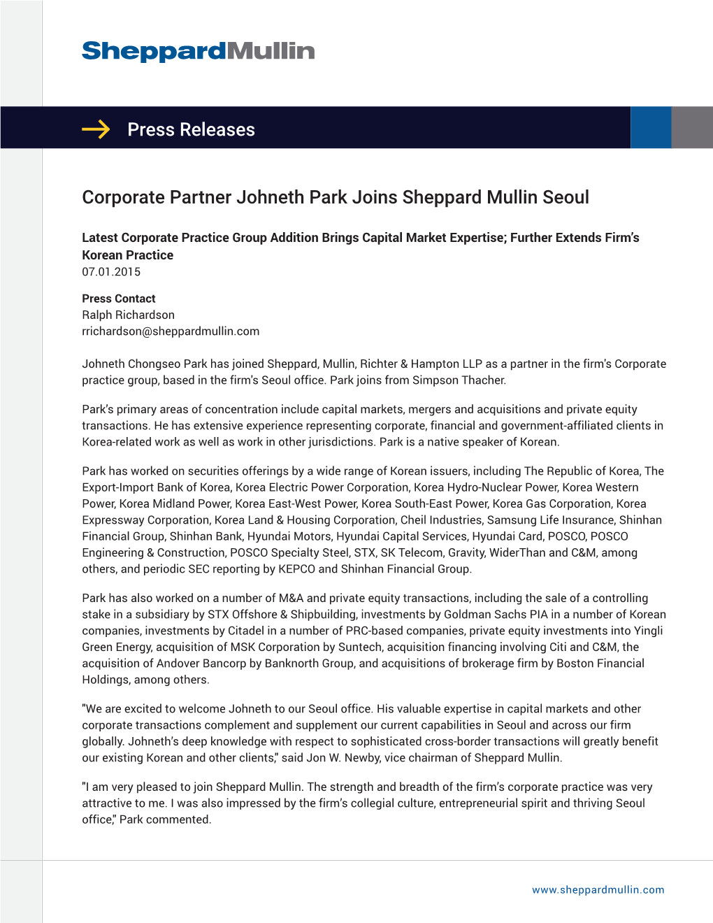 Press Releases Corporate Partner Johneth Park Joins Sheppard Mullin Seoul