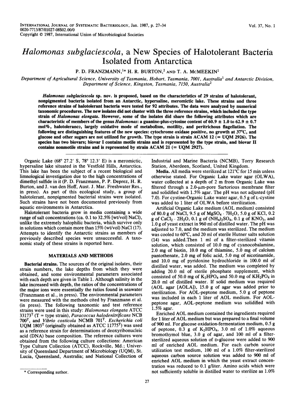 Halomonas Subglaciescola, a New Species of Halotolerant Bacteria Isolated from Antarctica