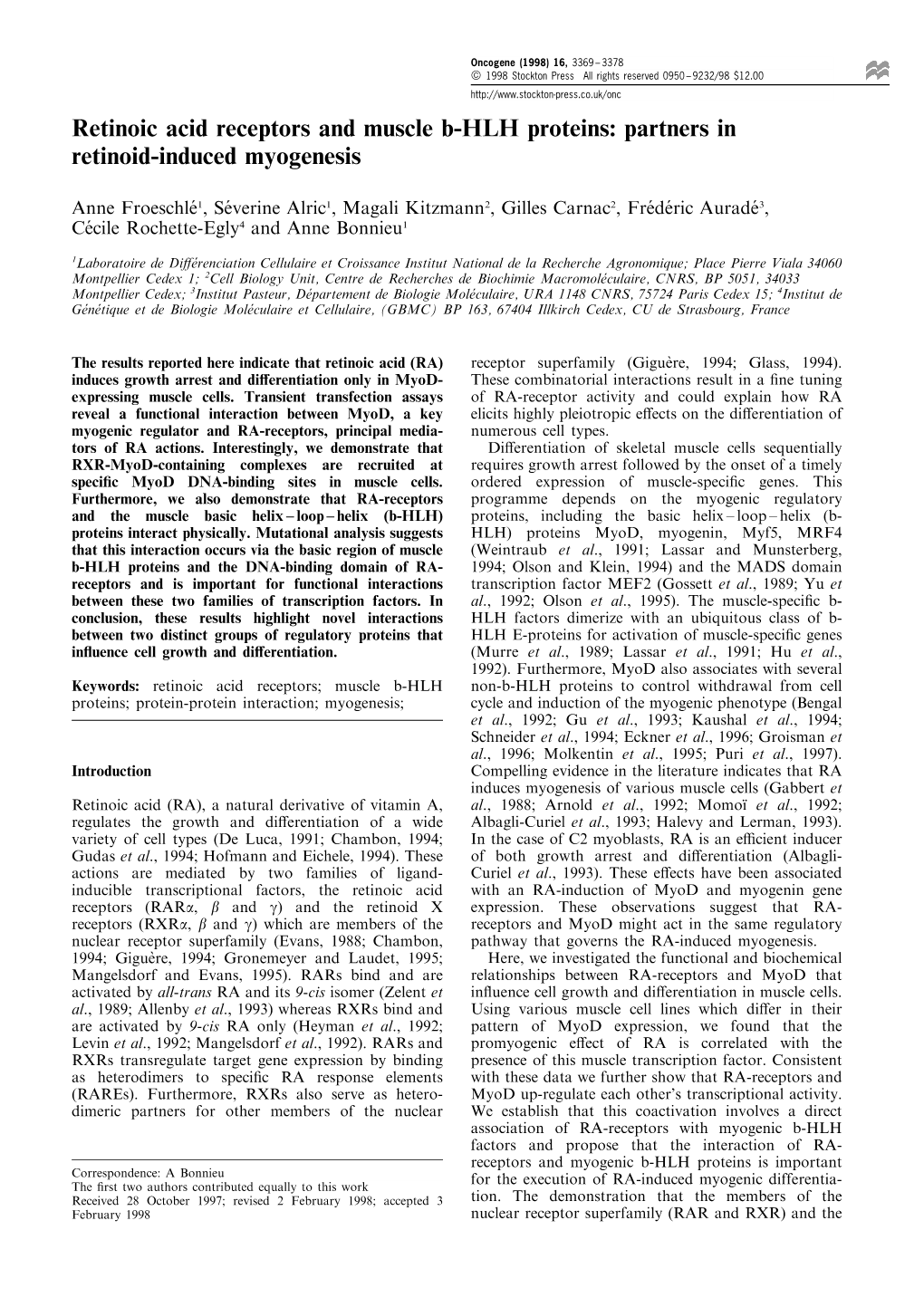 Retinoic Acid Receptors and Muscle B-HLH Proteins: Partners in Retinoid-Induced Myogenesis