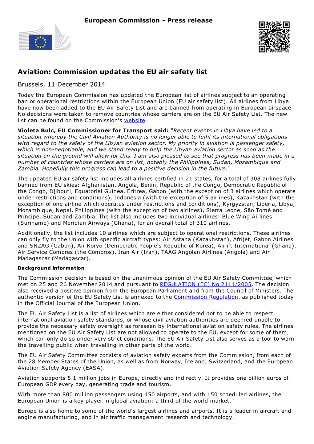 Aviation: Commission Updates the EU Air Safety List