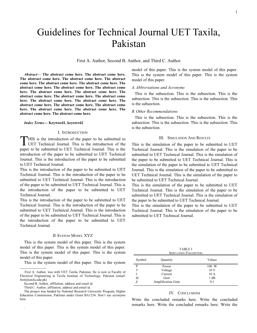 Guidelines for Technical Journal UET Taxila, Pakistan