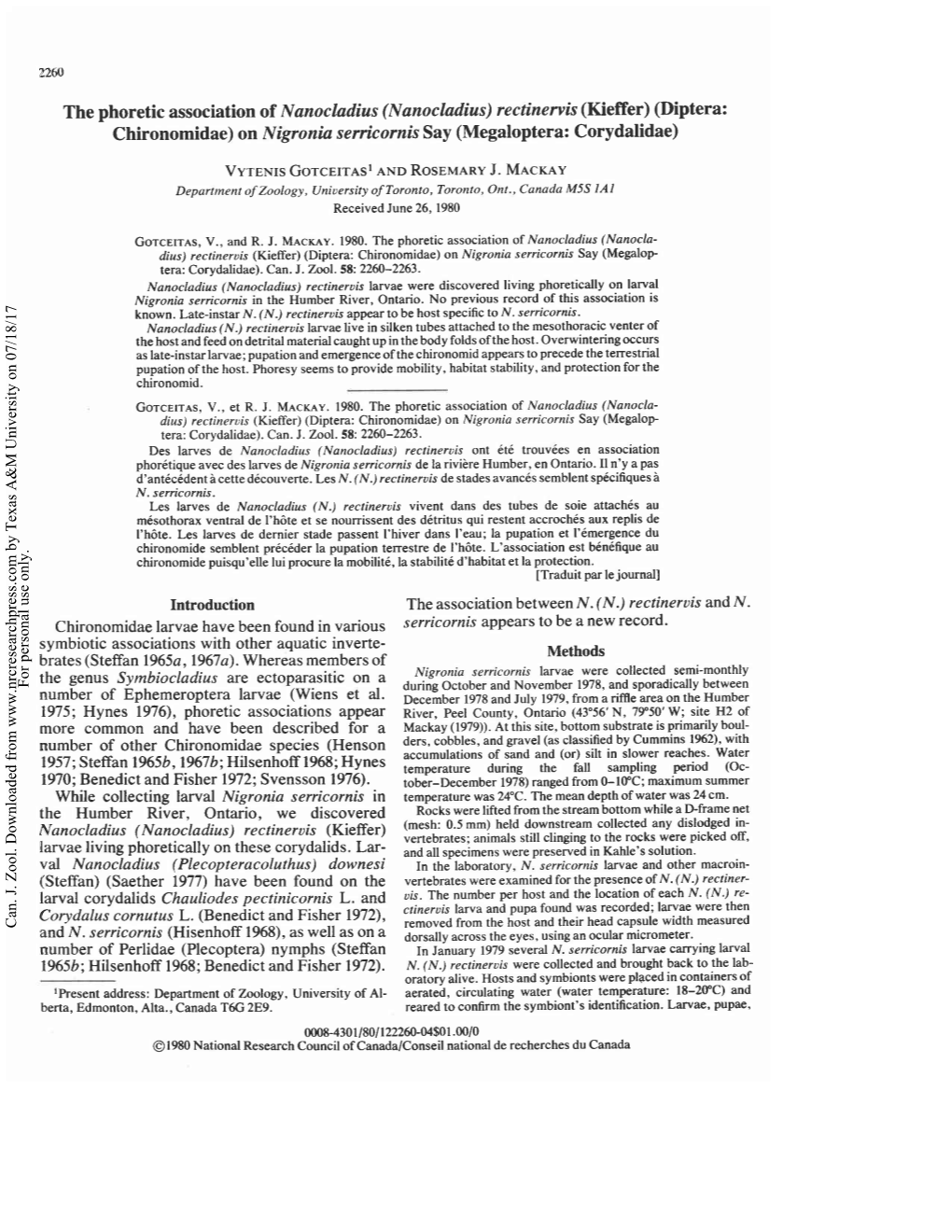 The Phoretic Association of Nanocladius (Nanocladius) Rectinewis (Kieffer) (Diptera: Chironomidae) on Nigronia Serricornis Say (Megaloptera: Corydalidae)