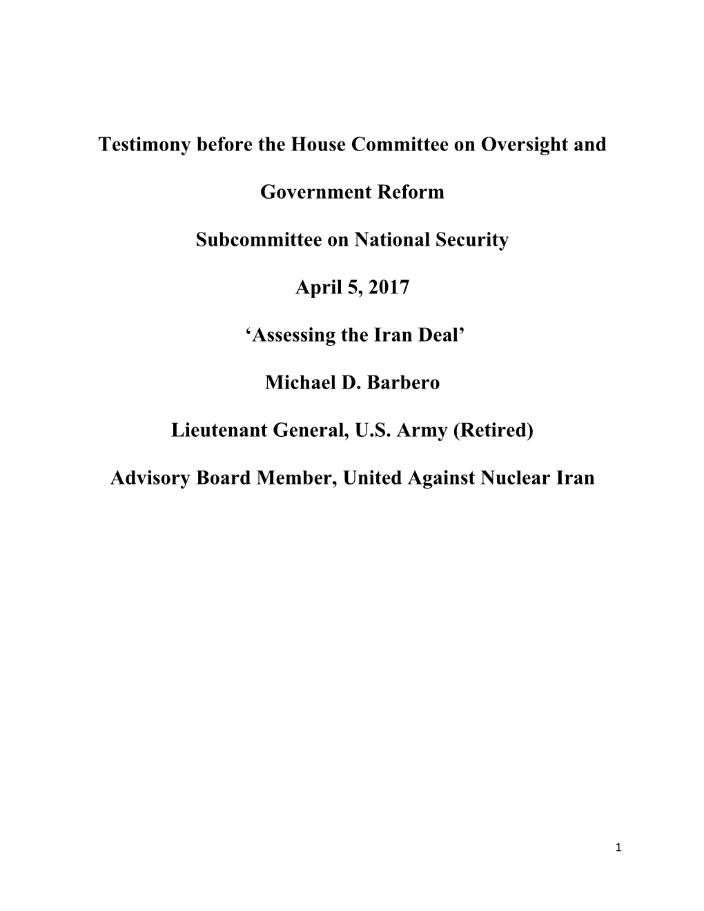 Testimony Before the House Committee on Oversight And