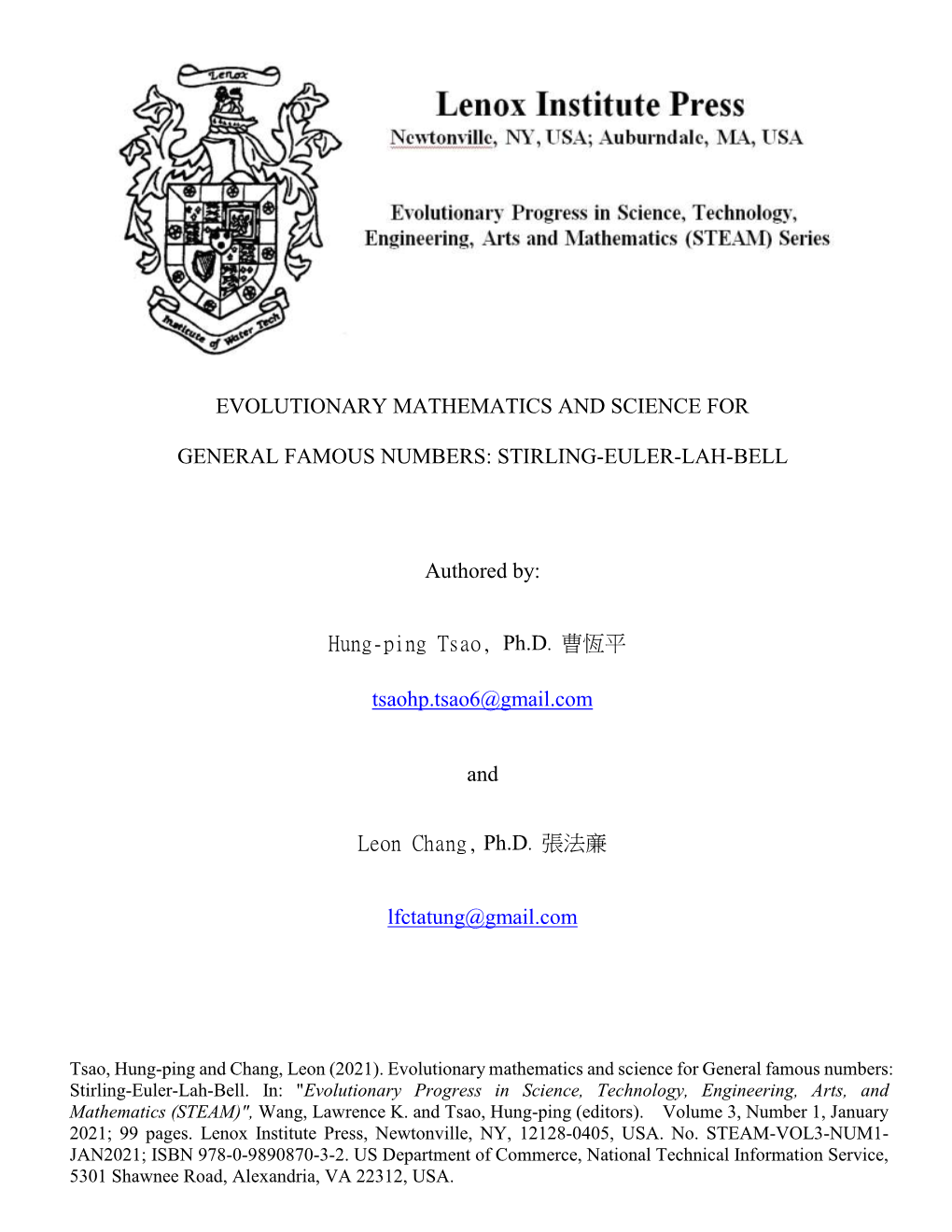 EVOLUTIONARY MATHEMATICS and SCIENCE for GENERAL FAMOUS NUMBERS: STIRLING-EULER-LAH-BELL Authored By: Hung-Ping Tsao, Ph.D