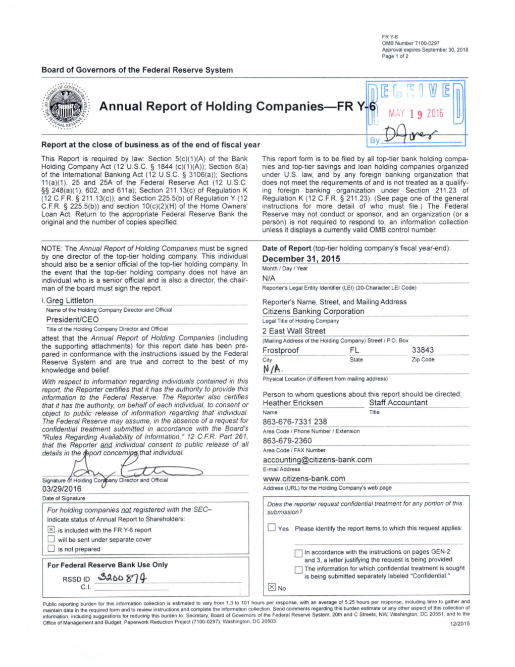 ~[E R - ~~W [Em Annual Report of Holding Companies-FRY M ~Y 1 9 2016 ~