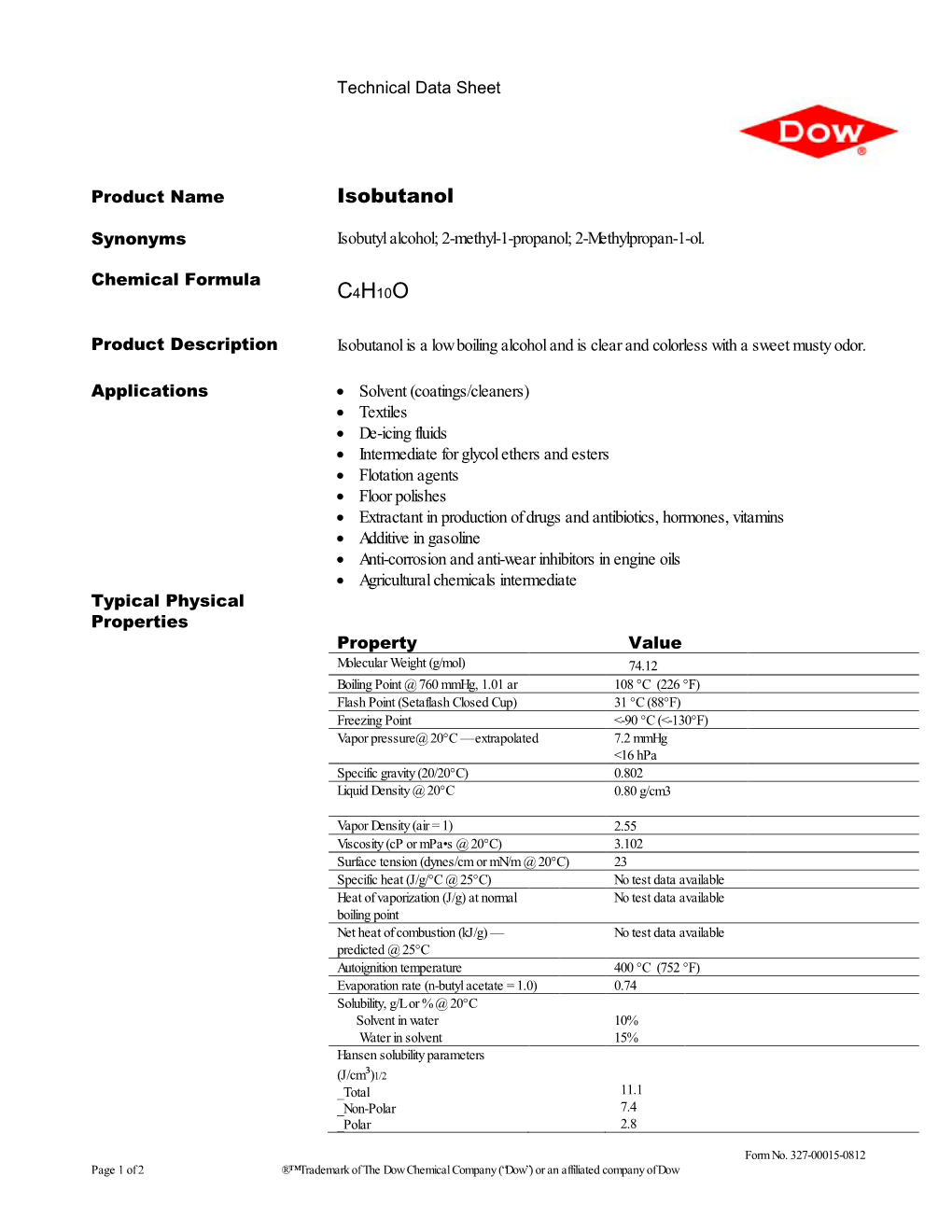 Isobutanol Technical Data Sheet