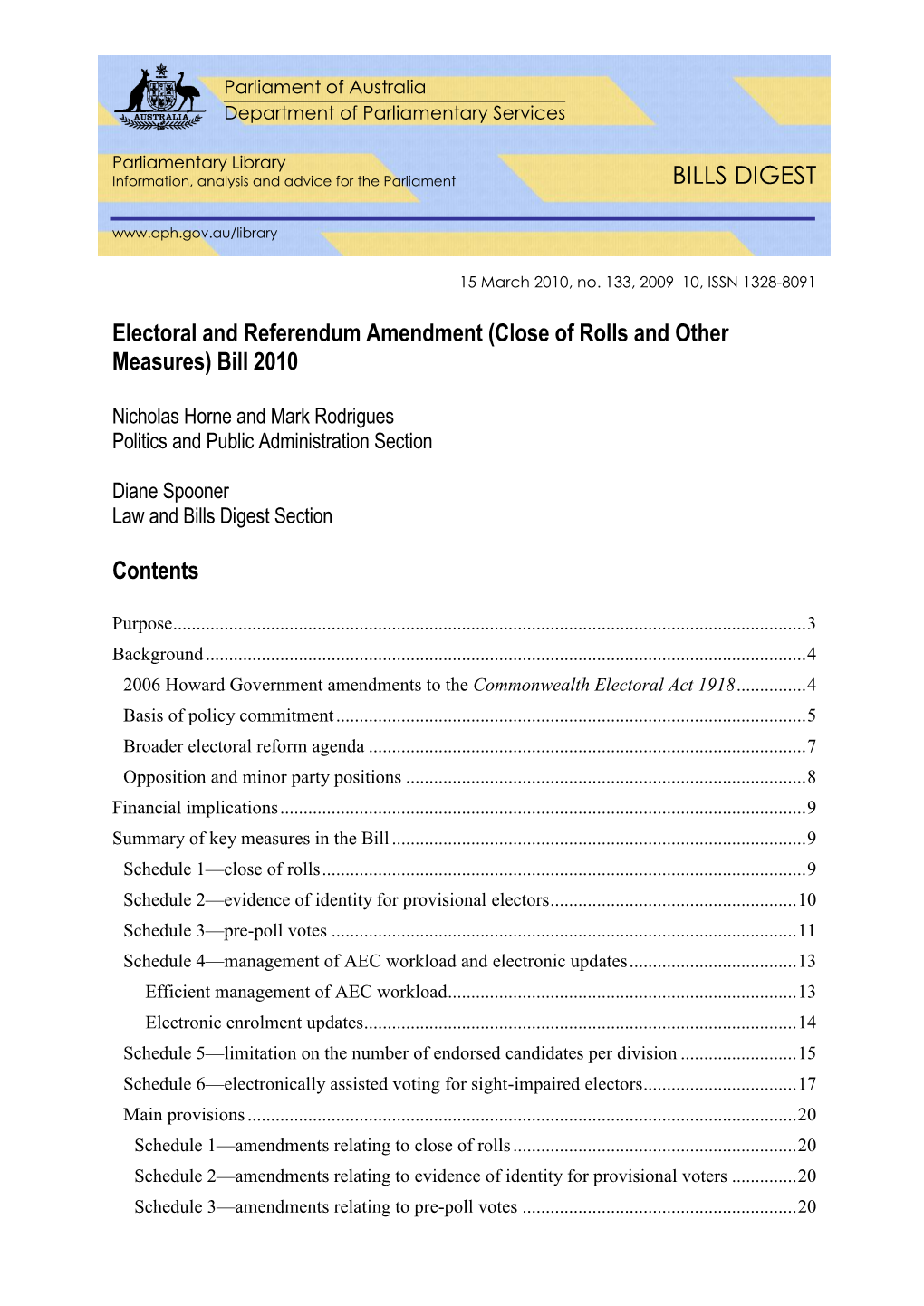 Electoral and Referendum Amendment (Close of Rolls and Other Measures) Bill 2010