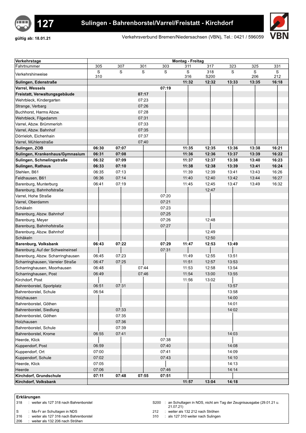 Sulingen - Bahrenborstel/Varrel/Freistatt - Kirchdorf Gültig Ab: 18.01.21 Verkehrsverbund Bremen/Niedersachsen (VBN), Tel.: 0421 / 596059