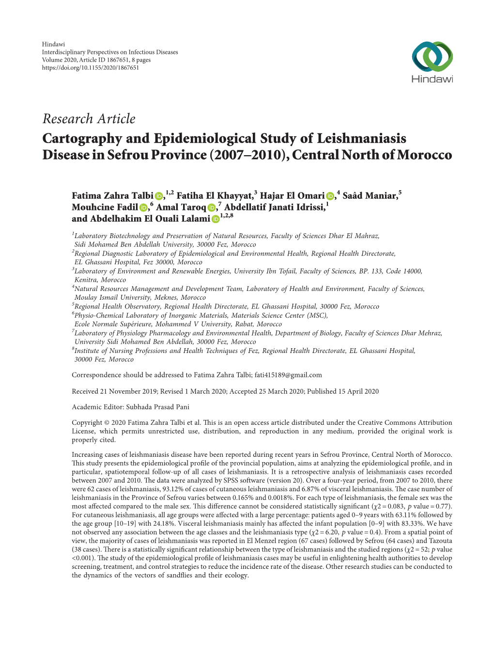 Cartography and Epidemiological Study of Leishmaniasis Disease in Sefrou Province (2007–2010), Central North of Morocco