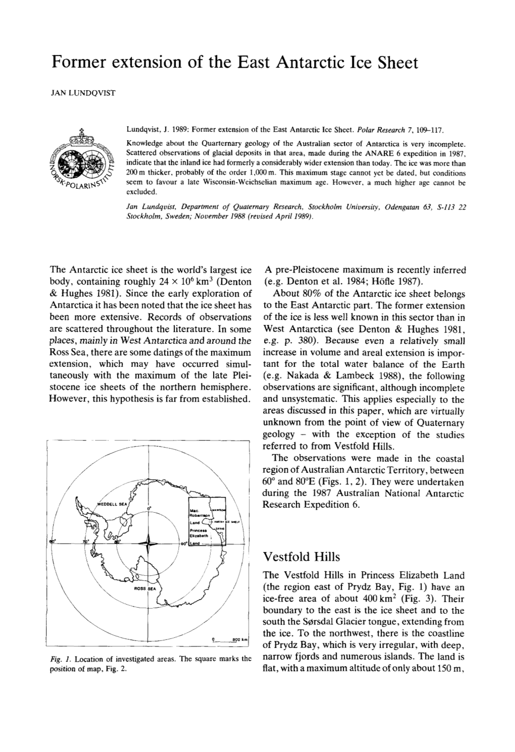 Former Extension of the East Antarctic Ice Sheet