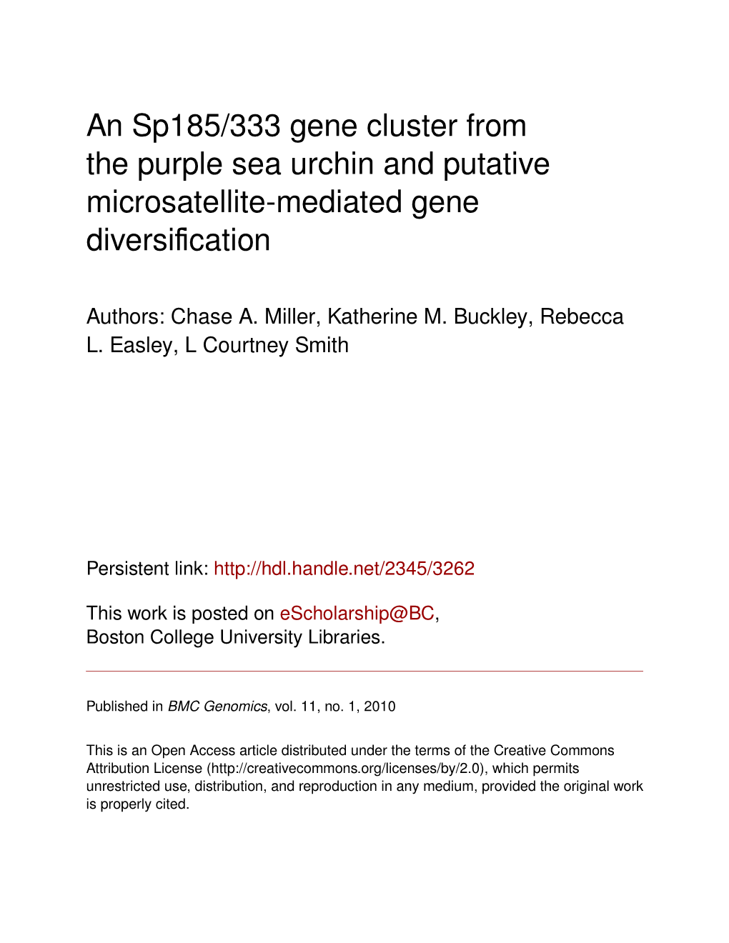 An Sp185/333 Gene Cluster from the Purple Sea Urchin and Putative Microsatellite-Mediated Gene Diversiﬁcation