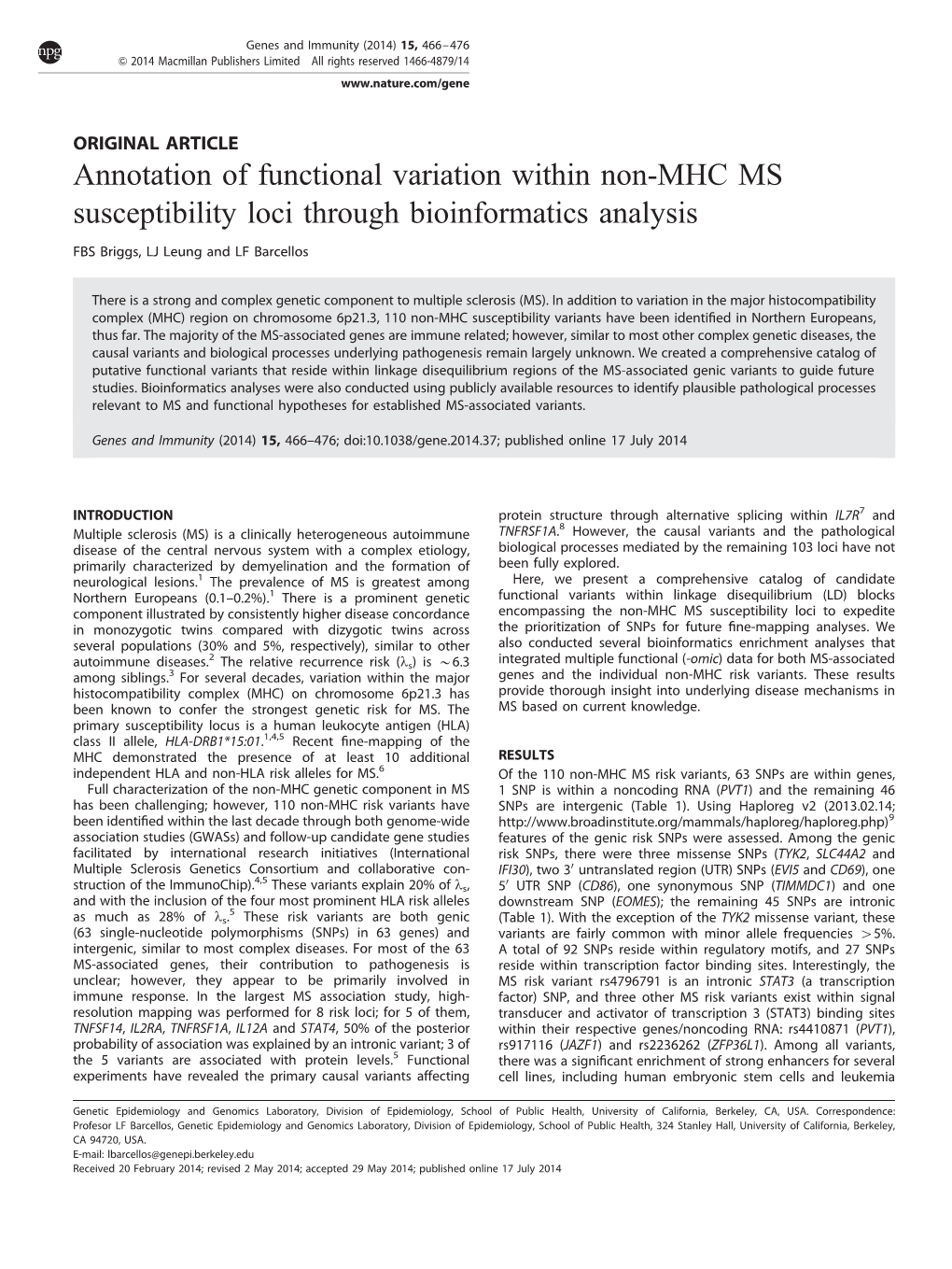 Annotation of Functional Variation Within Non-MHC MS Susceptibility Loci Through Bioinformatics Analysis