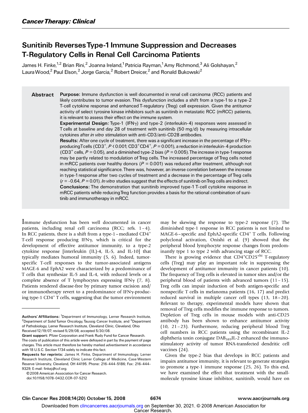 Sunitinib Reversestype-1Immune Suppression and Decreases T-Regulatory Cells in Renal Cell Carcinoma Patients James H