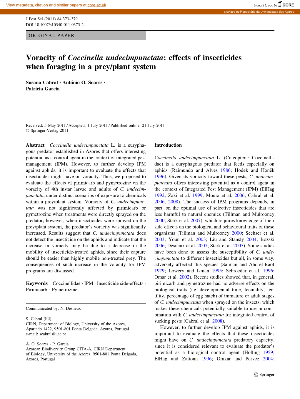 Voracity of Coccinella Undecimpunctata: Effects of Insecticides When Foraging in a Prey/Plant System