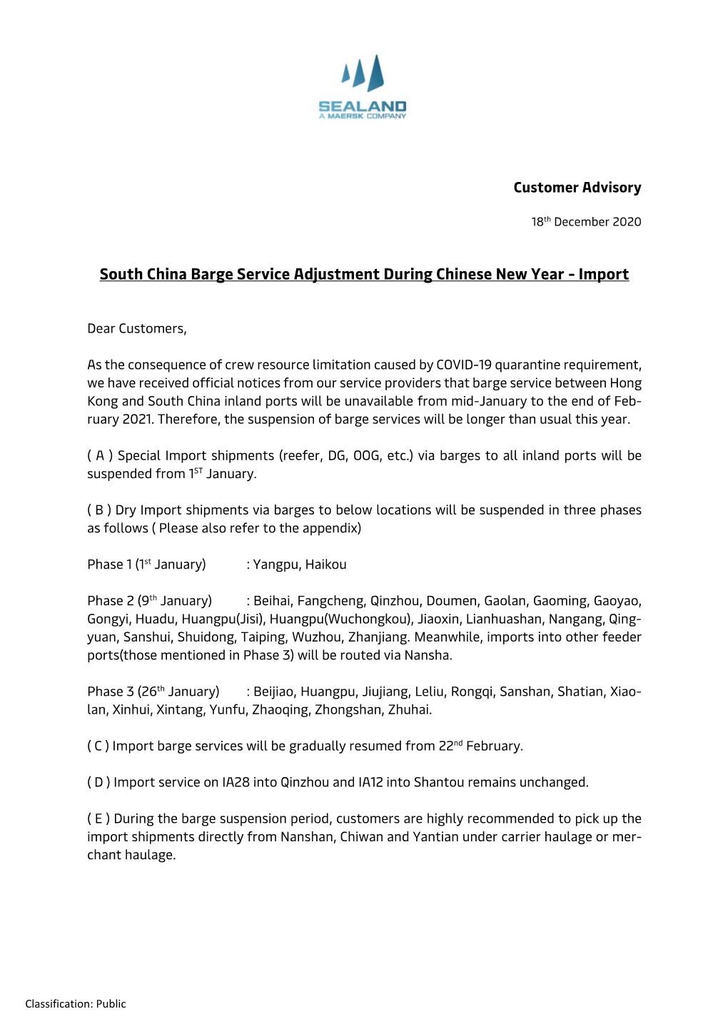 South China Barge Service Adjustment During Chinese New Year - Import