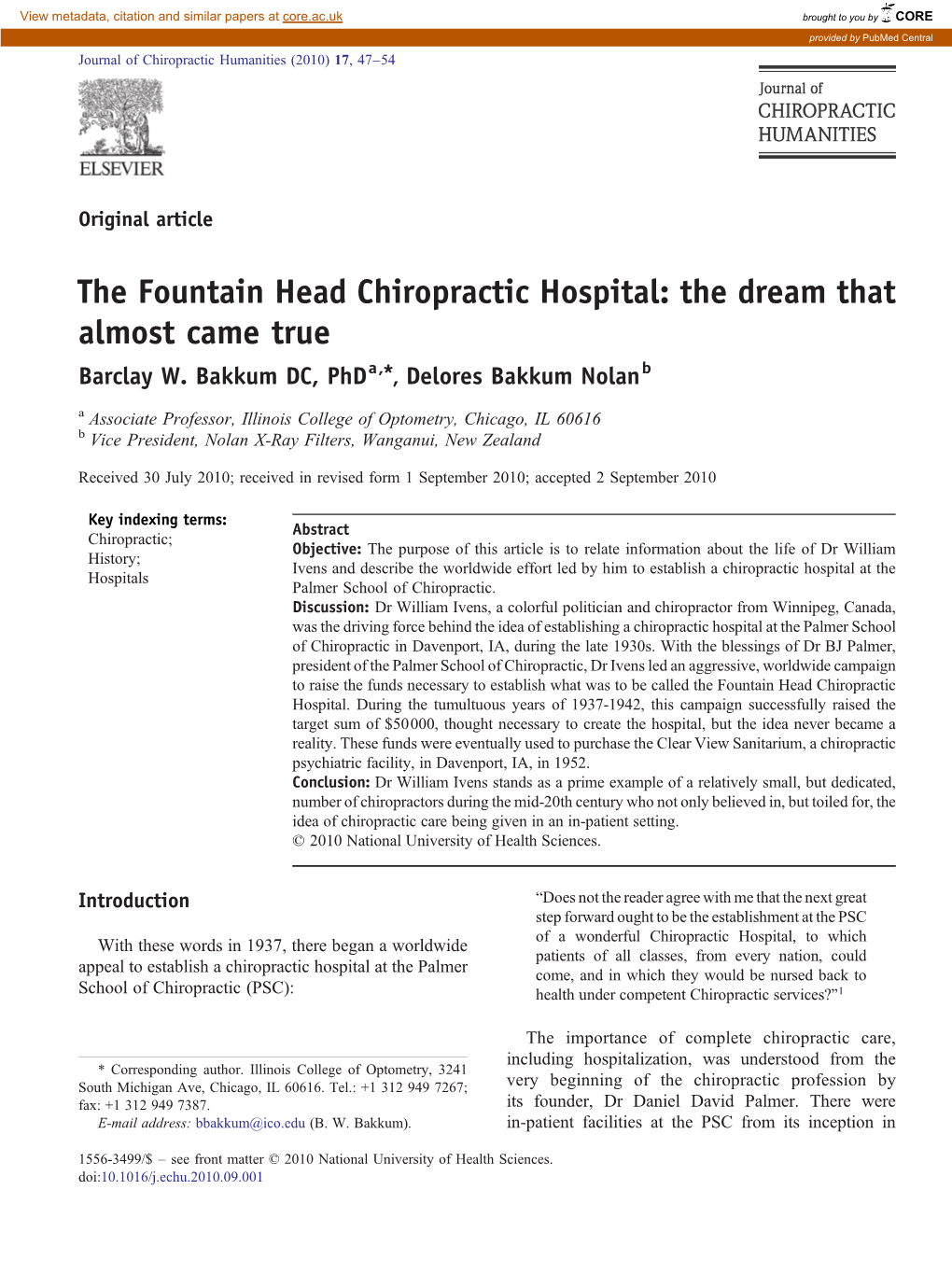 The Fountain Head Chiropractic Hospital: the Dream That Almost Came True ⁎ Barclay W