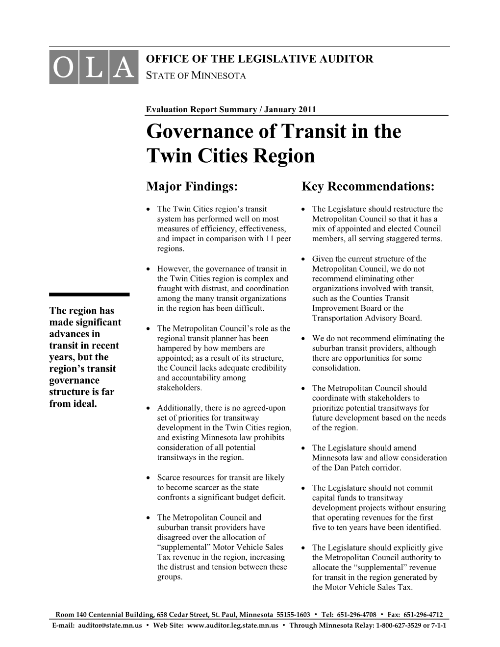 Governance of Transit in the Twin Cities Region