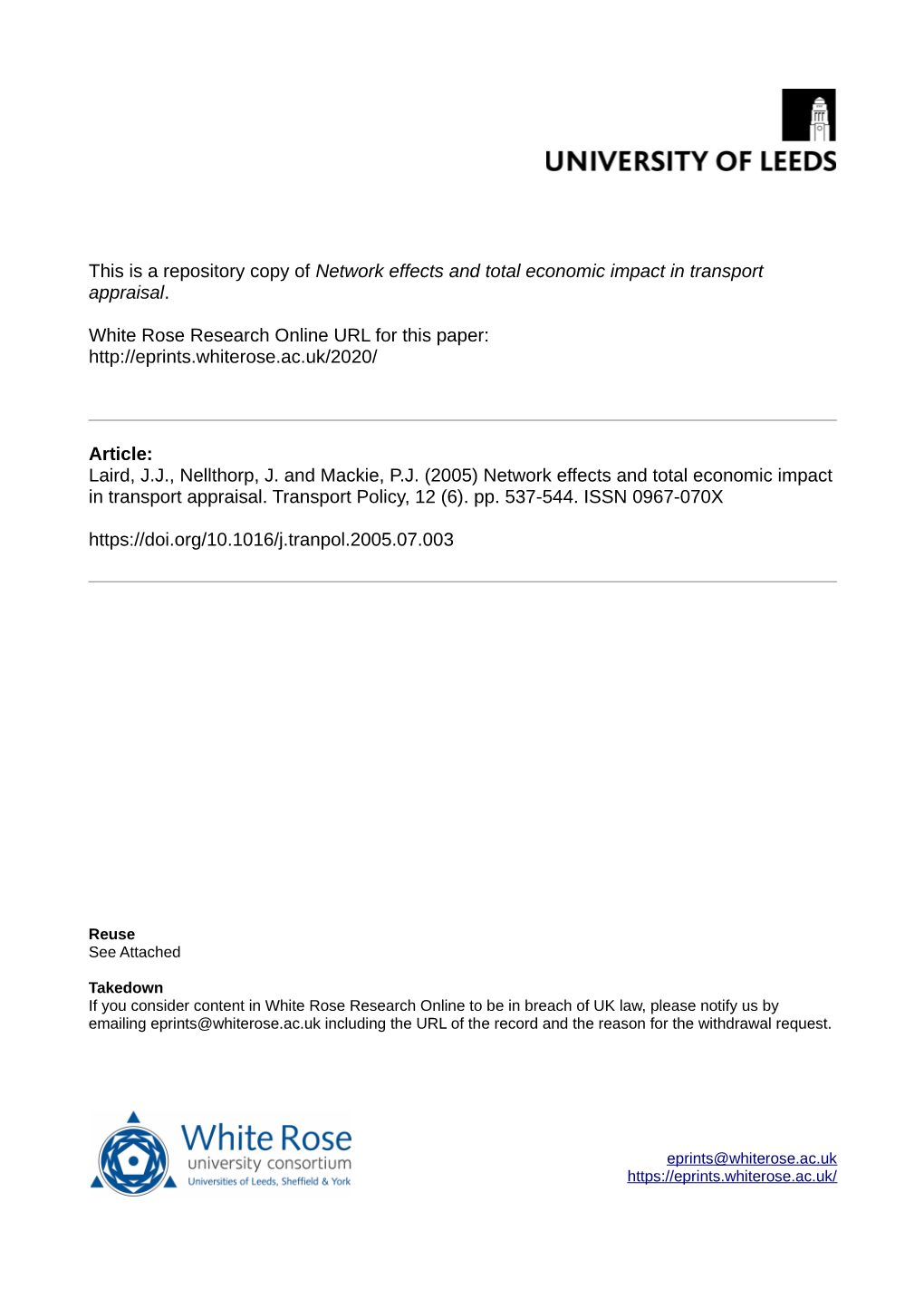 Network Effects and Total Economic Impact in Transport Appraisal