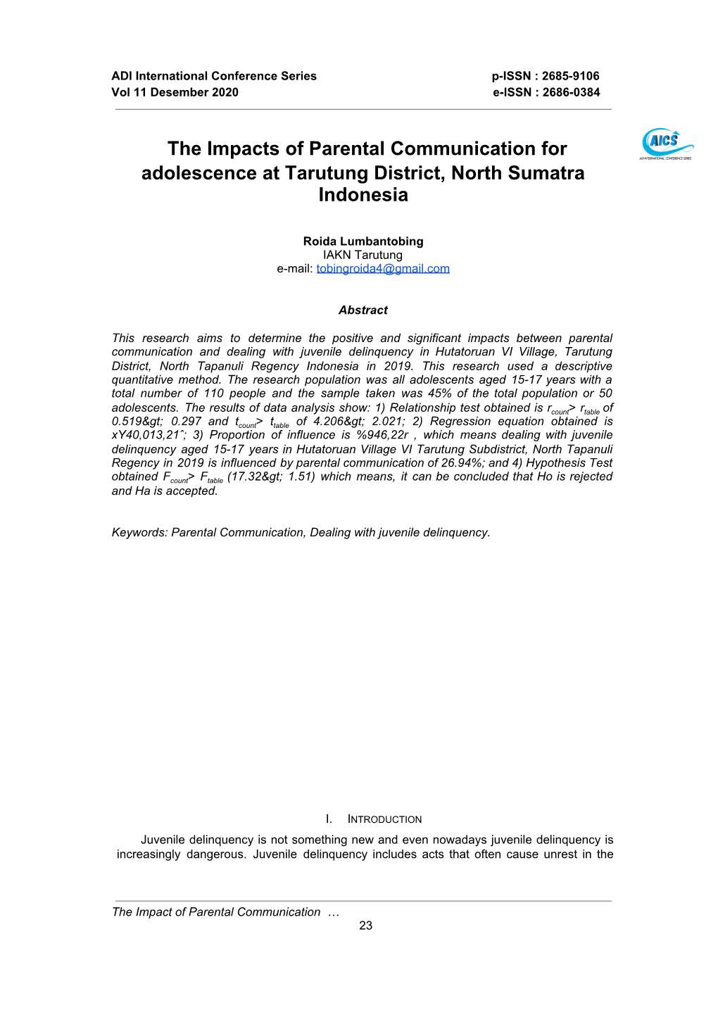The Impacts of Parental Communication for Ado​ Lescence at Tarutung District, North Sumatra Indonesia