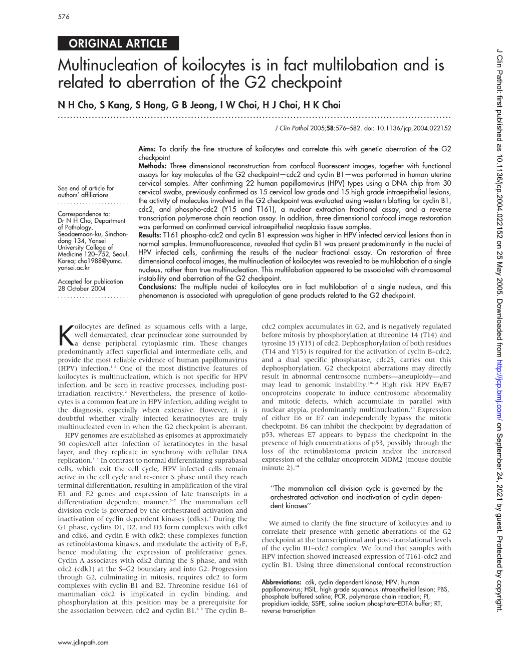 Multinucleation of Koilocytes Is in Fact Multilobation and Is Related to Aberration of the G2 Checkpoint