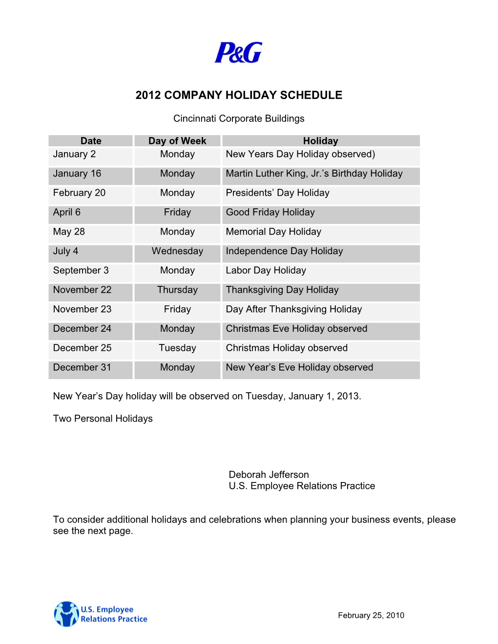 2012 Company Holiday Schedule