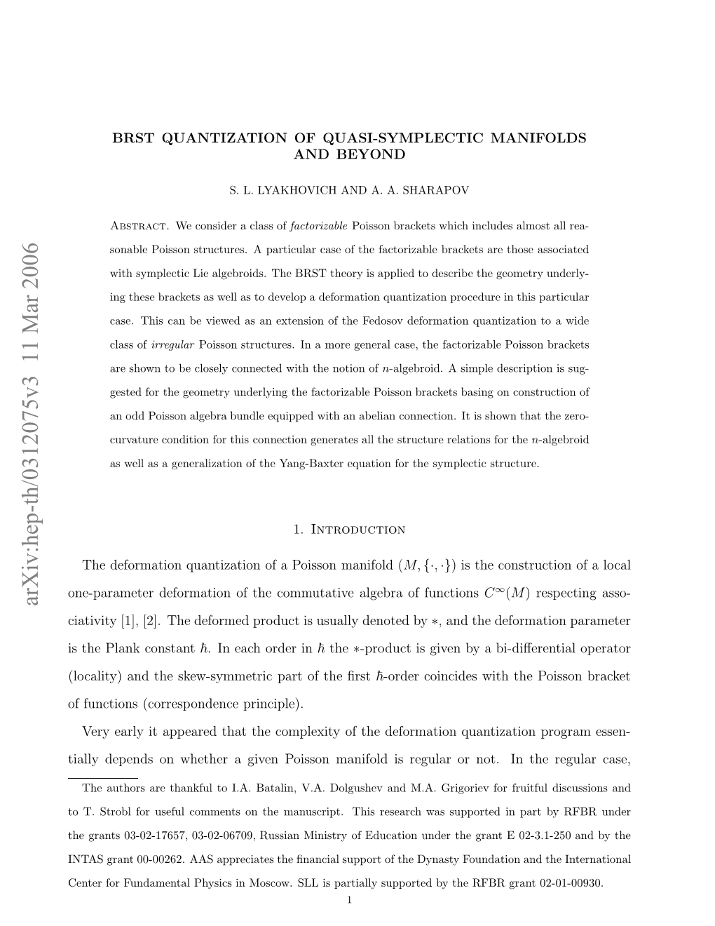 BRST Quantization of Quasi-Symplectic Manifolds And