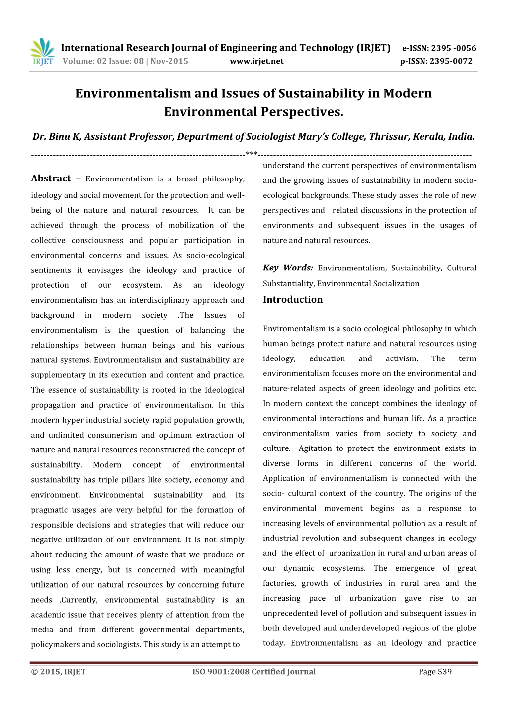 Environmentalism and Issues of Sustainability in Modern Environmental Perspectives