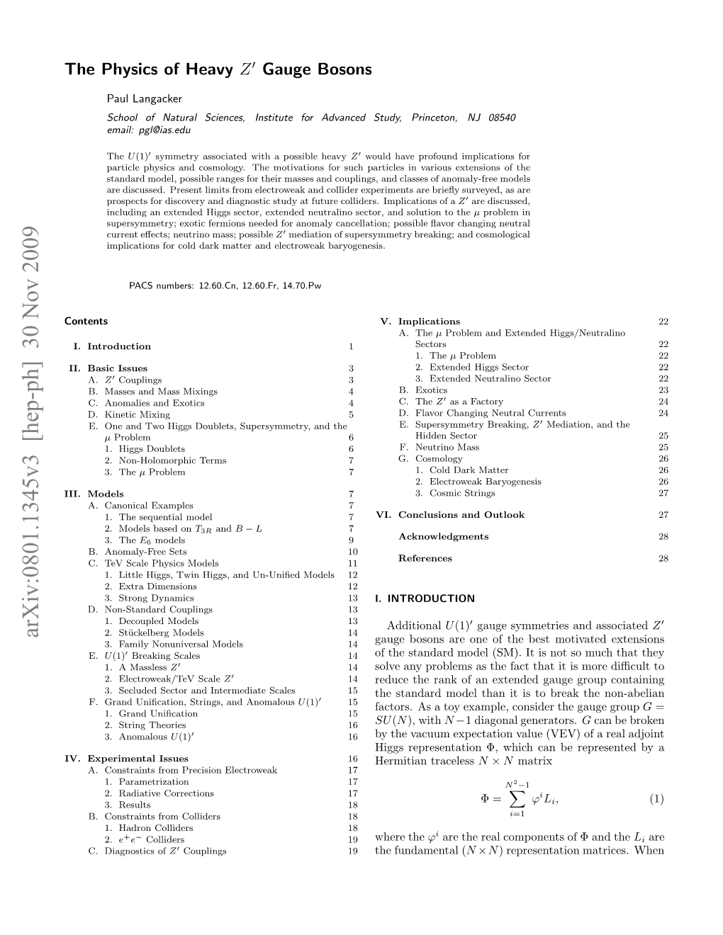 Arxiv:0801.1345V3 [Hep-Ph] 30 Nov 2009 H Hsc Fheavy of Physics the Contents I.Models III