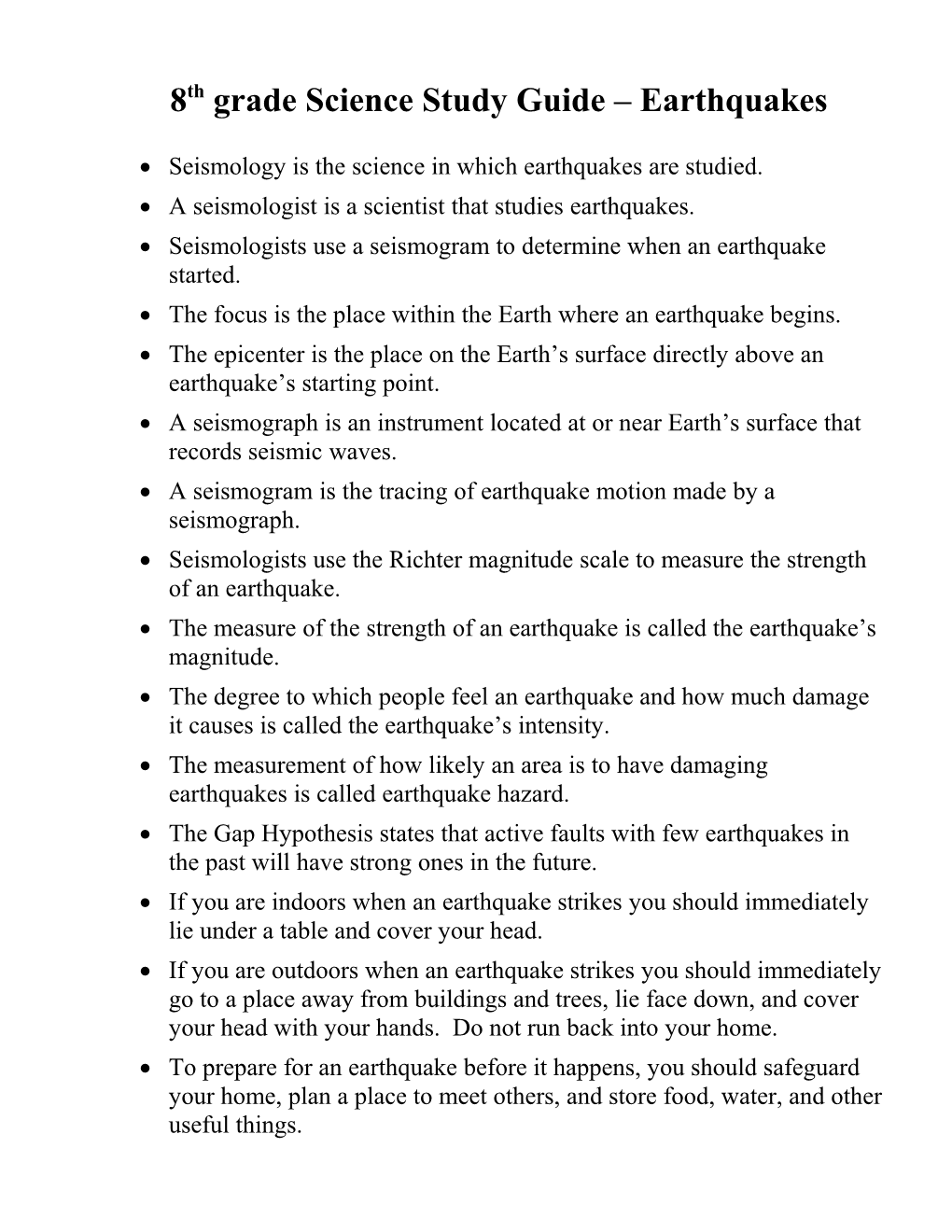 8Th Grade Science Study Guide Adjusted Earthquakes