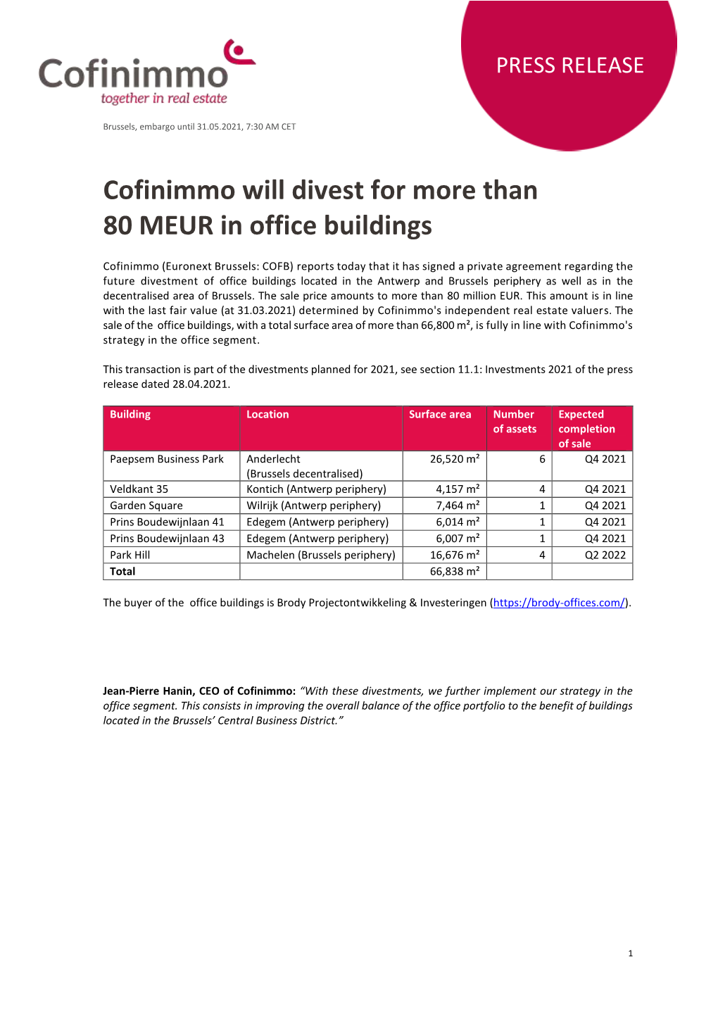 Cofinimmo Will Divest for More Than 80 MEUR in Office Buildings