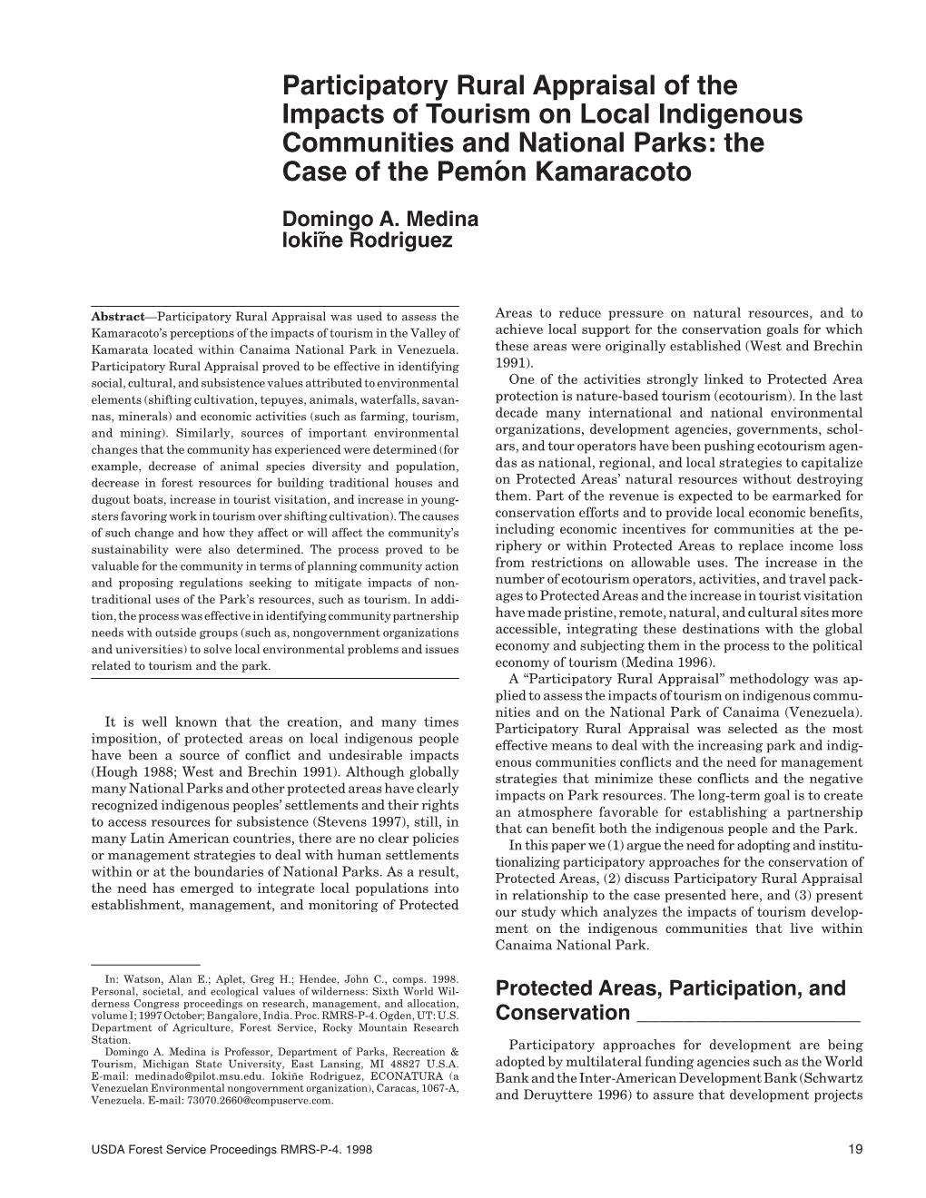 Participatory Rural Appraisal of the Impacts of Tourism on Local Indigenous Communities and National Parks: the Case of the Pemón Kamaracoto