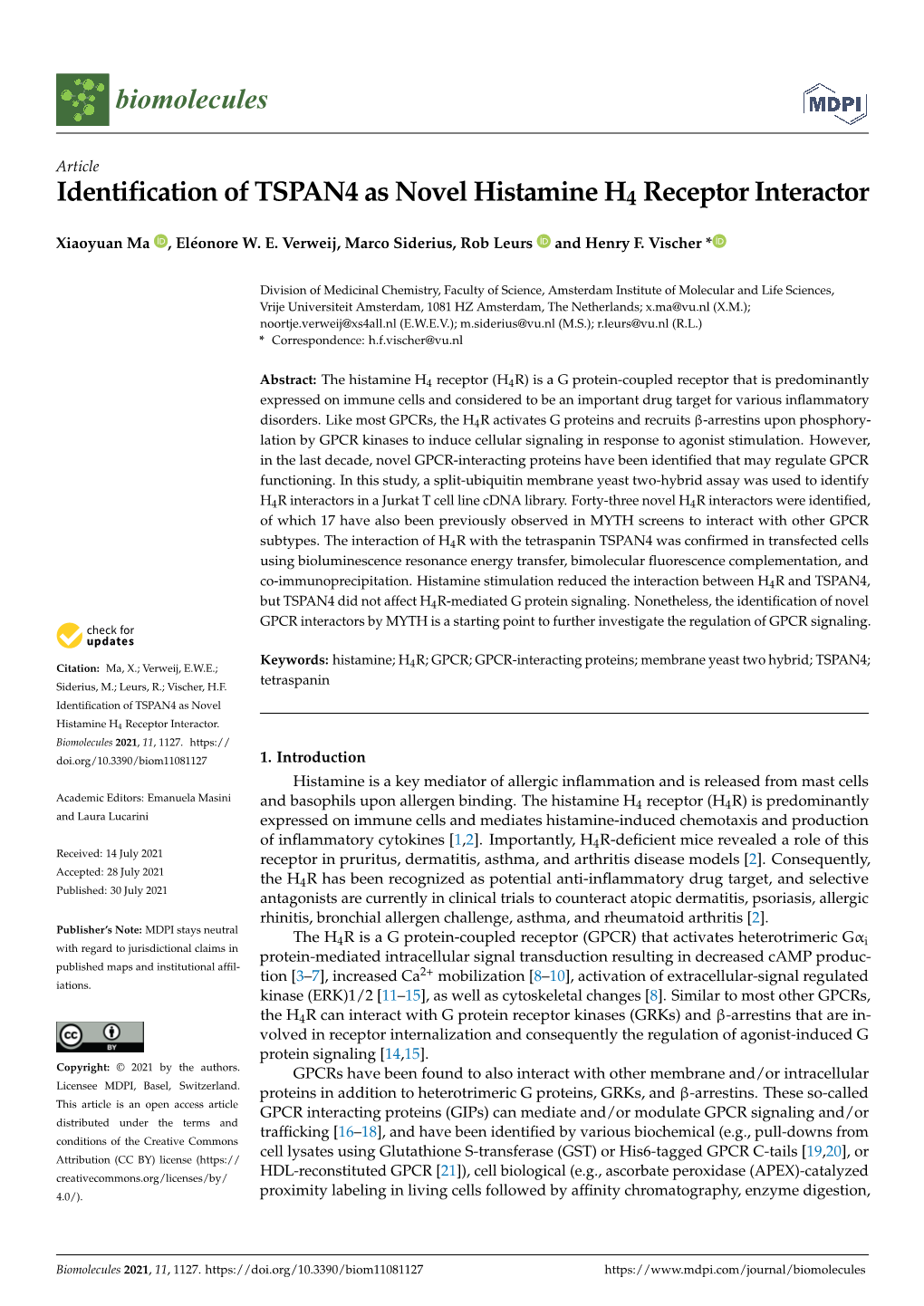 Identification of TSPAN4 As Novel Histamine H4 Receptor Interactor