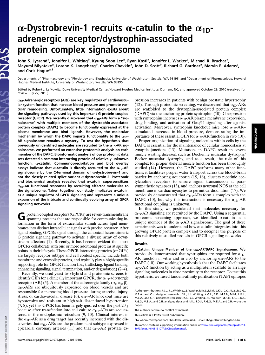 Α-Dystrobrevin-1 Recruits Α-Catulin to the Α1d- Adrenergic Receptor/Dystrophin-Associated Protein Complex Signalosome