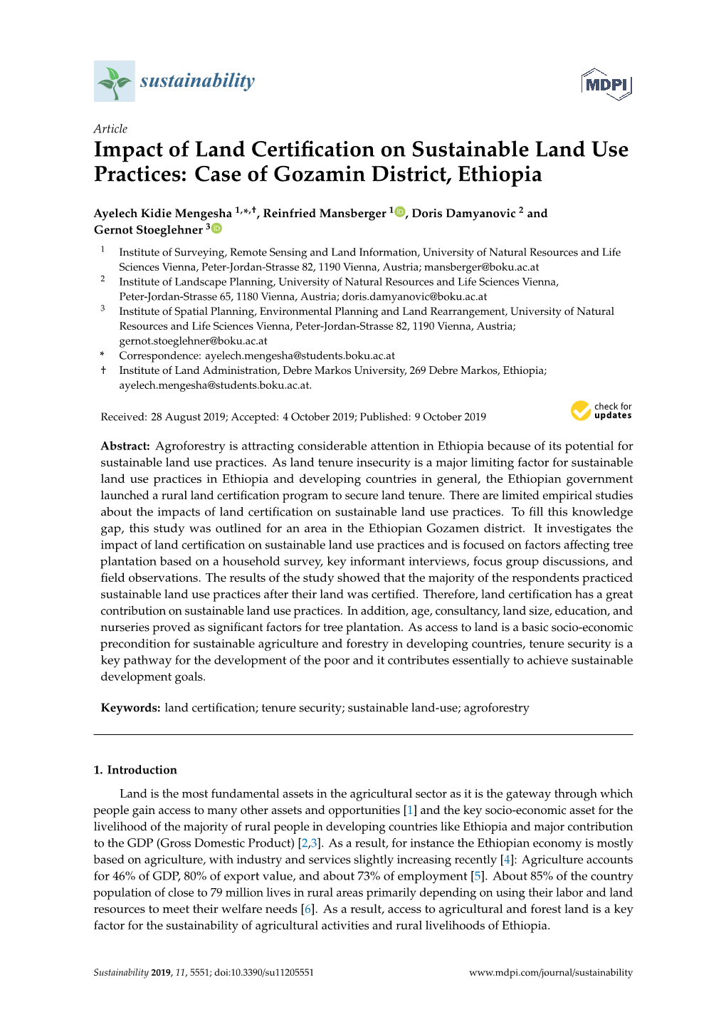 Impact of Land Certification on Sustainable Land Use Practices: Case of Gozamin District, Ethiopia