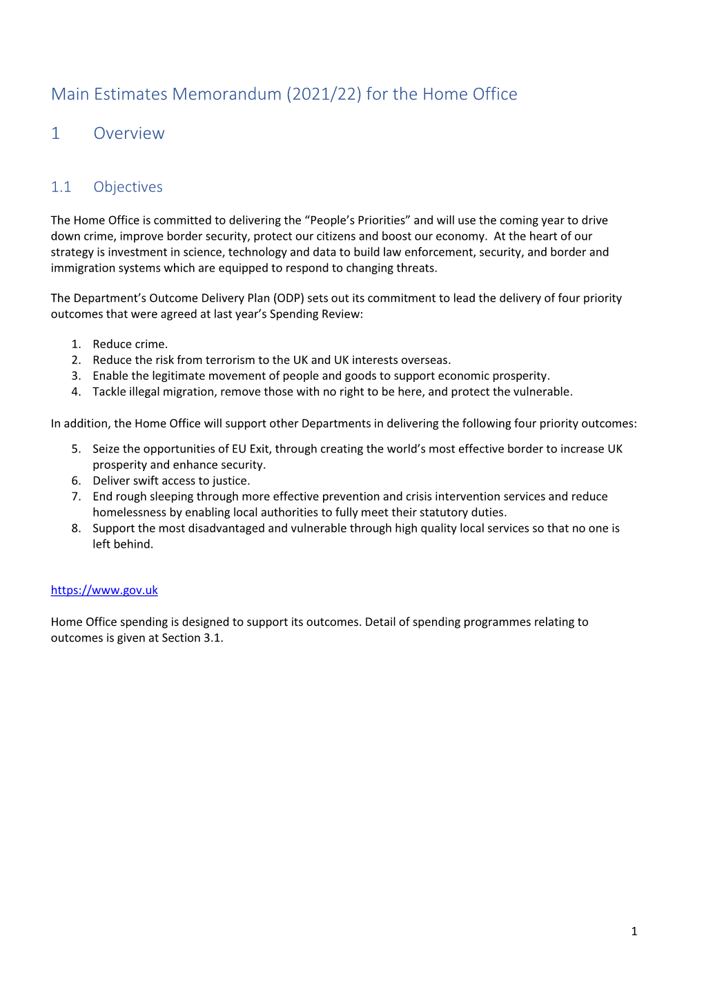 Estimates Memorandum (2021/22) for the Home Office 1 Overview