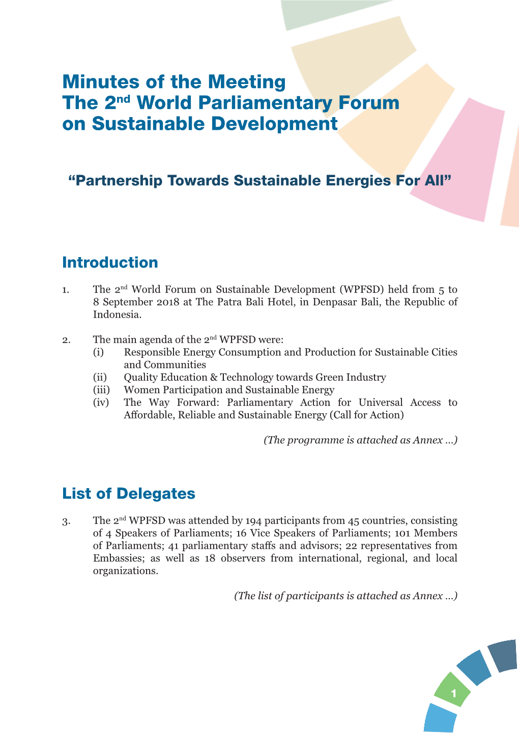 Minutes of the Meeting the 2Nd World Parliamentary Forum on Sustainable Development