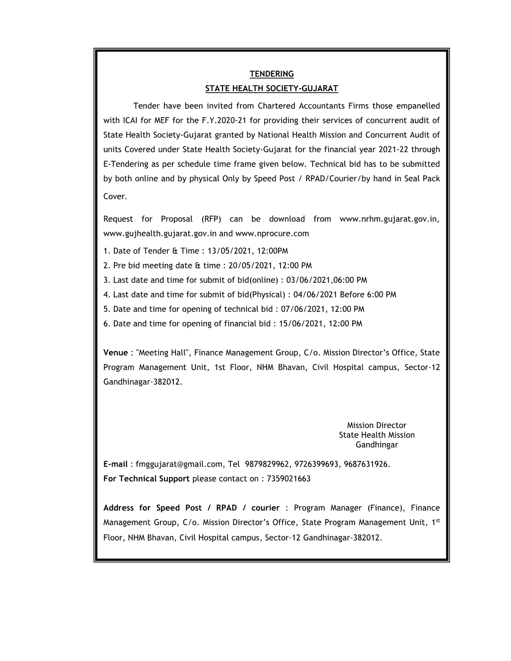 TENDERING STATE HEALTH SOCIETY-GUJARAT Tender Have Been Invited from Chartered Accountants Firms Those Empanelled with ICAI